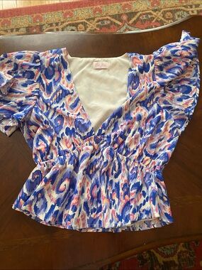 Pink Lily Blue & Pink Abstract V-Neck Ruffle Sleeve Blouse